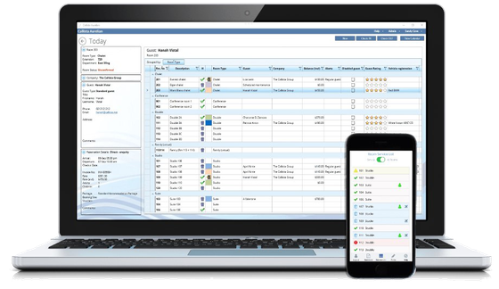 Laptop and smartphone displaying the same software interface, showing data in blue and white.