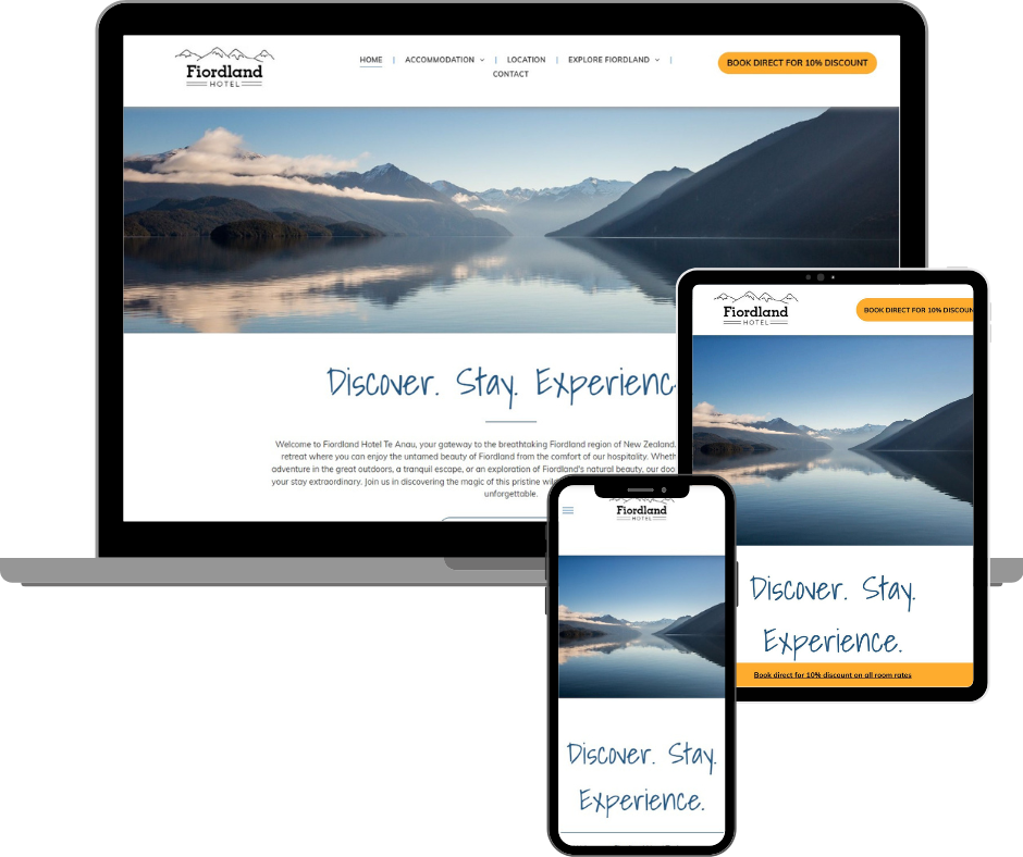 Website on laptop, tablet, and phone; mountain and lake landscape. 