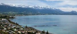 Coastal town with snow-capped mountains in the background, next to a tranquil bay.