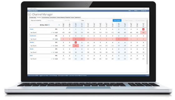 Laptop and smartphone displaying the same software interface, showing data in blue and white.