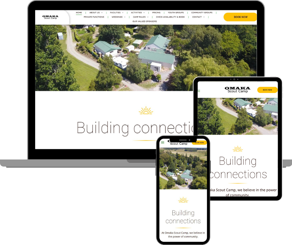 Website mockup on laptop, tablet, and phone with camp view and 