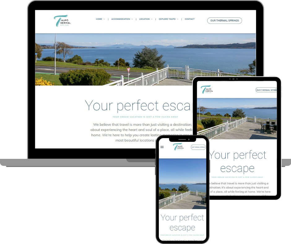 Website mockup on laptop, tablet, and phone, showing a scenic waterfront view and text 