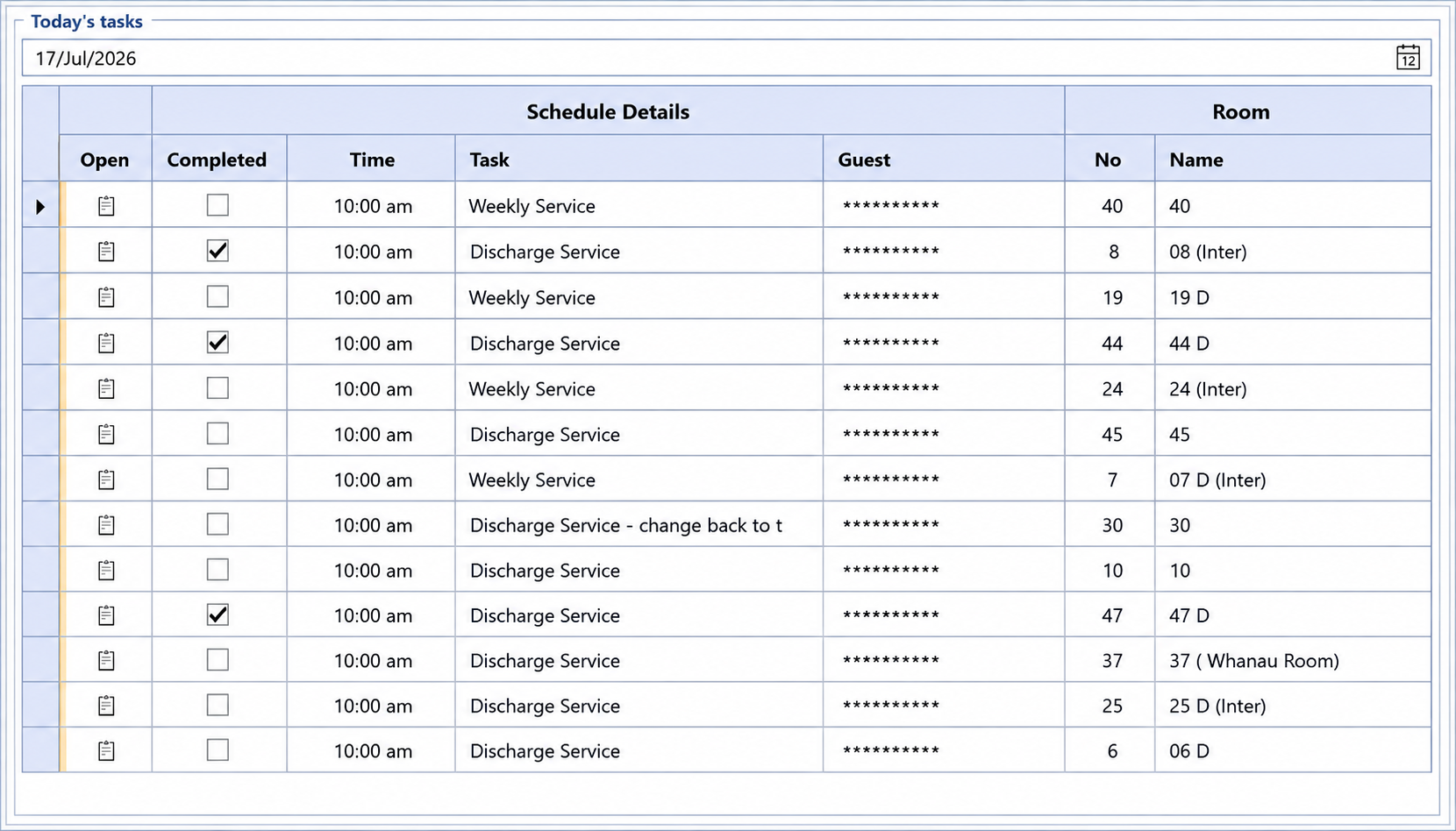 Phone screen showing a hotel room service list with numbered rooms, status icons, and tabs at the bottom
