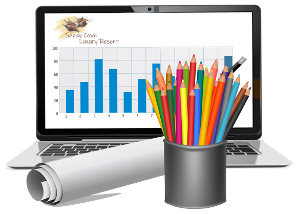 Laptop displaying a bar graph with colored pencils and rolled paper nearby.