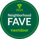 a green sticker that says neighborhood fave nextdoor