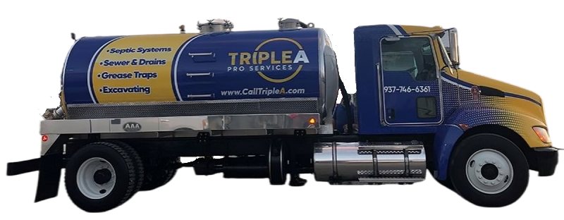 Yellow-and-blue TRIPLEA water truck in side view with silver tank and cab