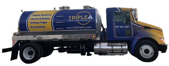 Blue and yellow Triple A tanker truck in side view