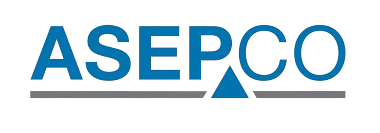ASEPCO logo with blue letters on a white background, featuring a blue triangle, and a gray underline.