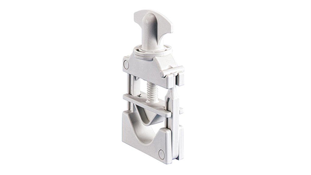 Gray metal pipe cutter with a handle.