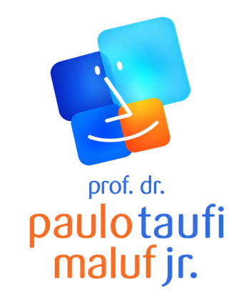 Logotipo com ícone geométrico azul e laranja acima do texto: “prof. dr. paulo taufi maluf jr.”