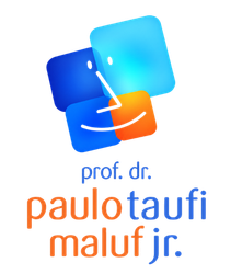 Logotipo com ícone geométrico azul e laranja acima do texto: “prof. dr. paulo taufi maluf jr.”