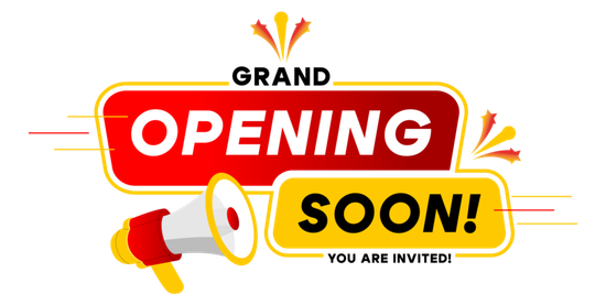 Grand Opening soon sign with red and yellow banner and megaphone, “You are invited!”