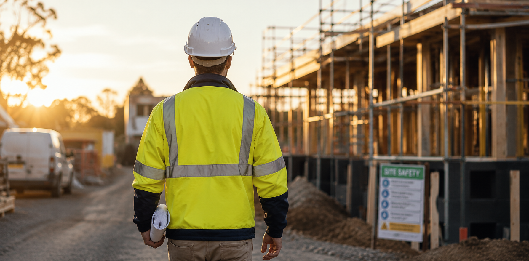 Construction worker in a hard hat and yellow vest walking at a building site at sunset