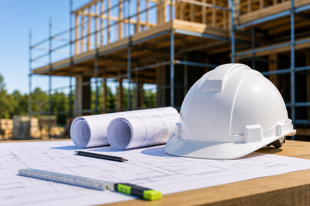 Construction site with white hard hat, rolled blueprints, ruler, and pencil on a table in front of scaffolding