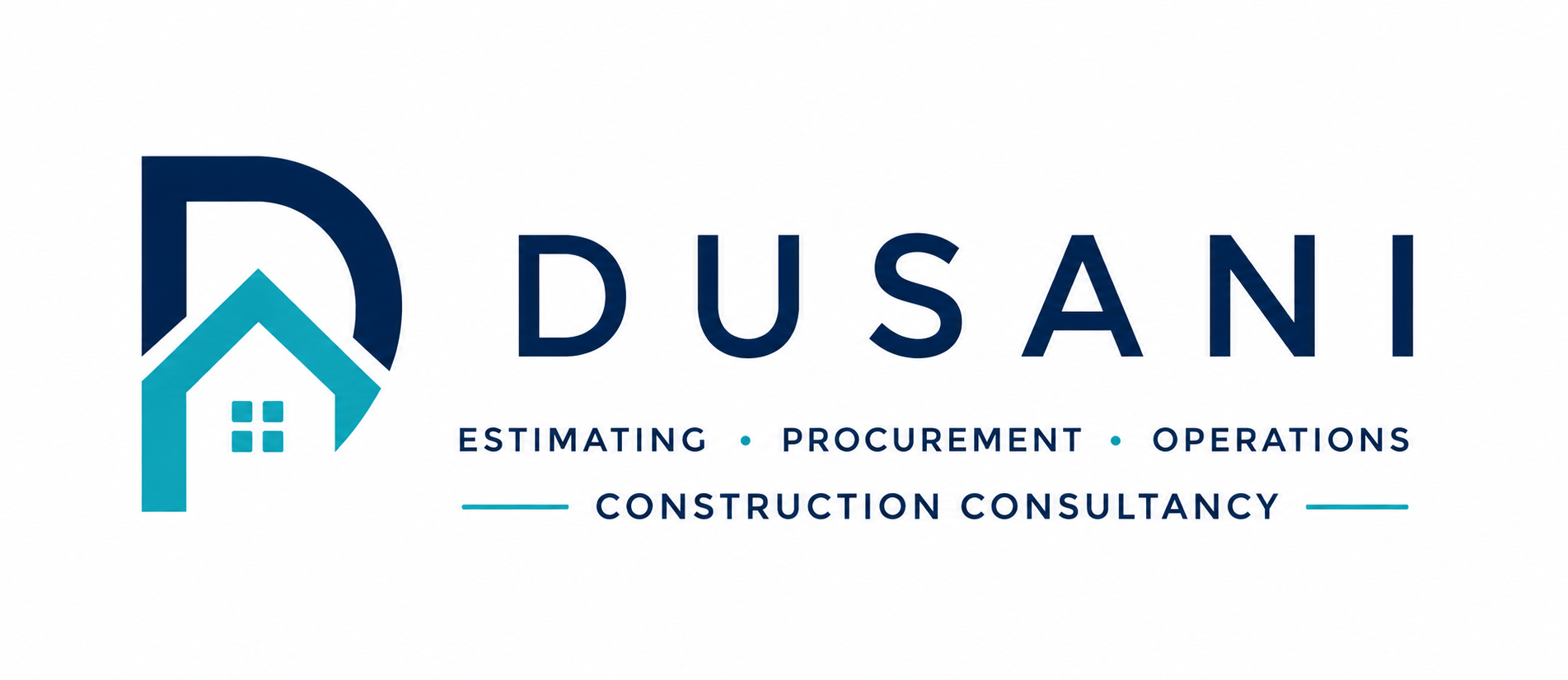 DUSANI logo with blue stylized house icon and text for estimating, procurement, operations, construction consultancy