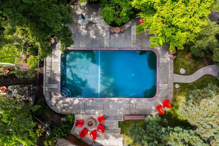 Aerial view of a backyard pool surrounded by stone patio and lush green trees, with red chairs nearby