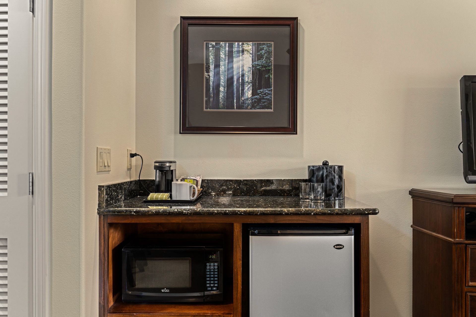 Hotel room kitchenette with microwave, mini fridge, coffee maker, and framed wall art