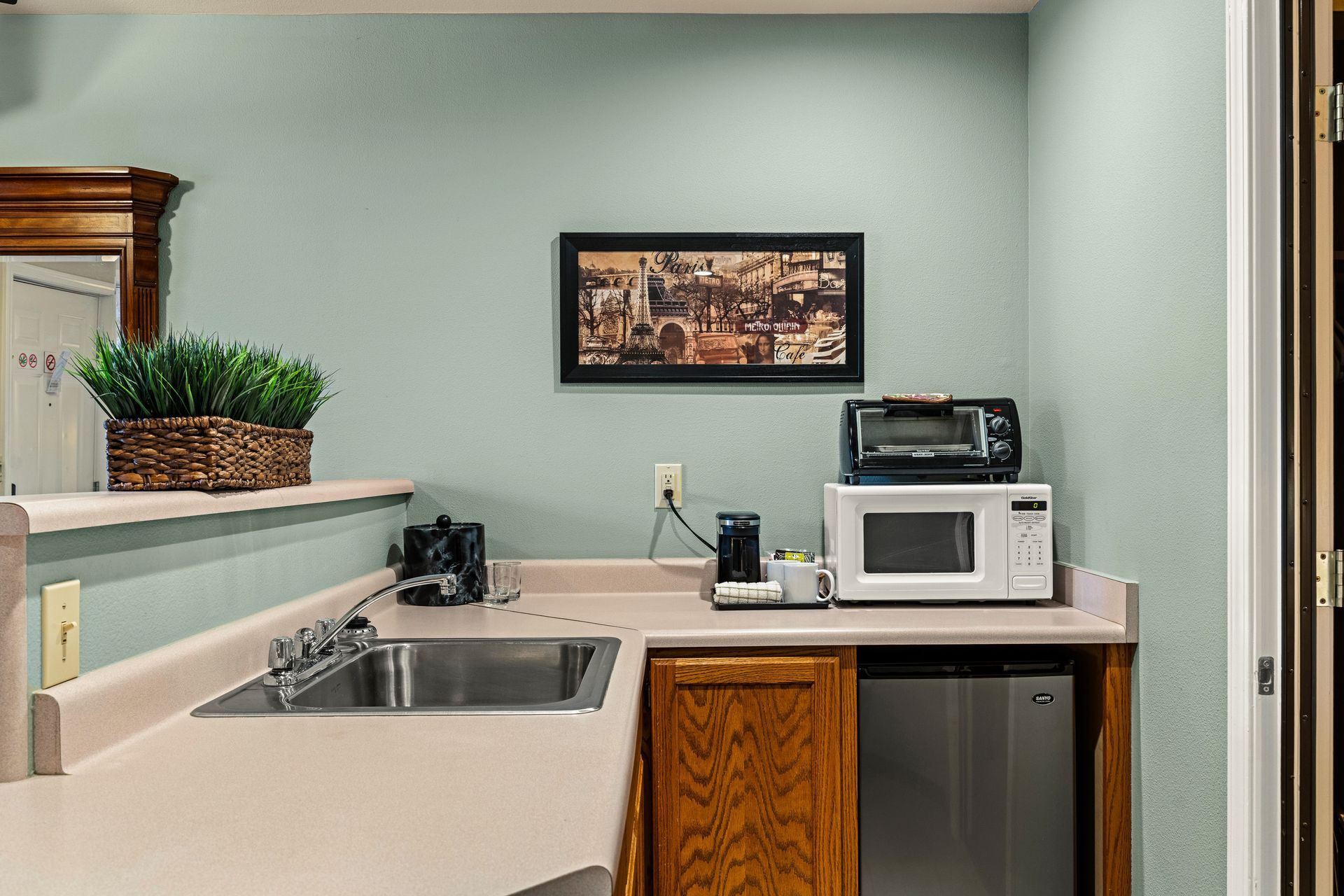 Small kitchenette with sink, microwave, coffee maker, and plants on a beige counter against pale green walls.