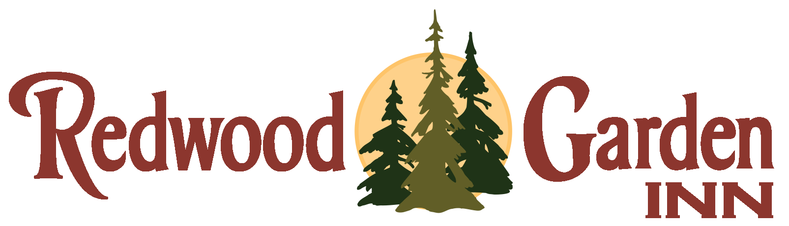 Redwood Garden Inn logo with red text and evergreen trees