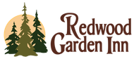 Redwood Garden Inn logo with trees and mountains in green and brown