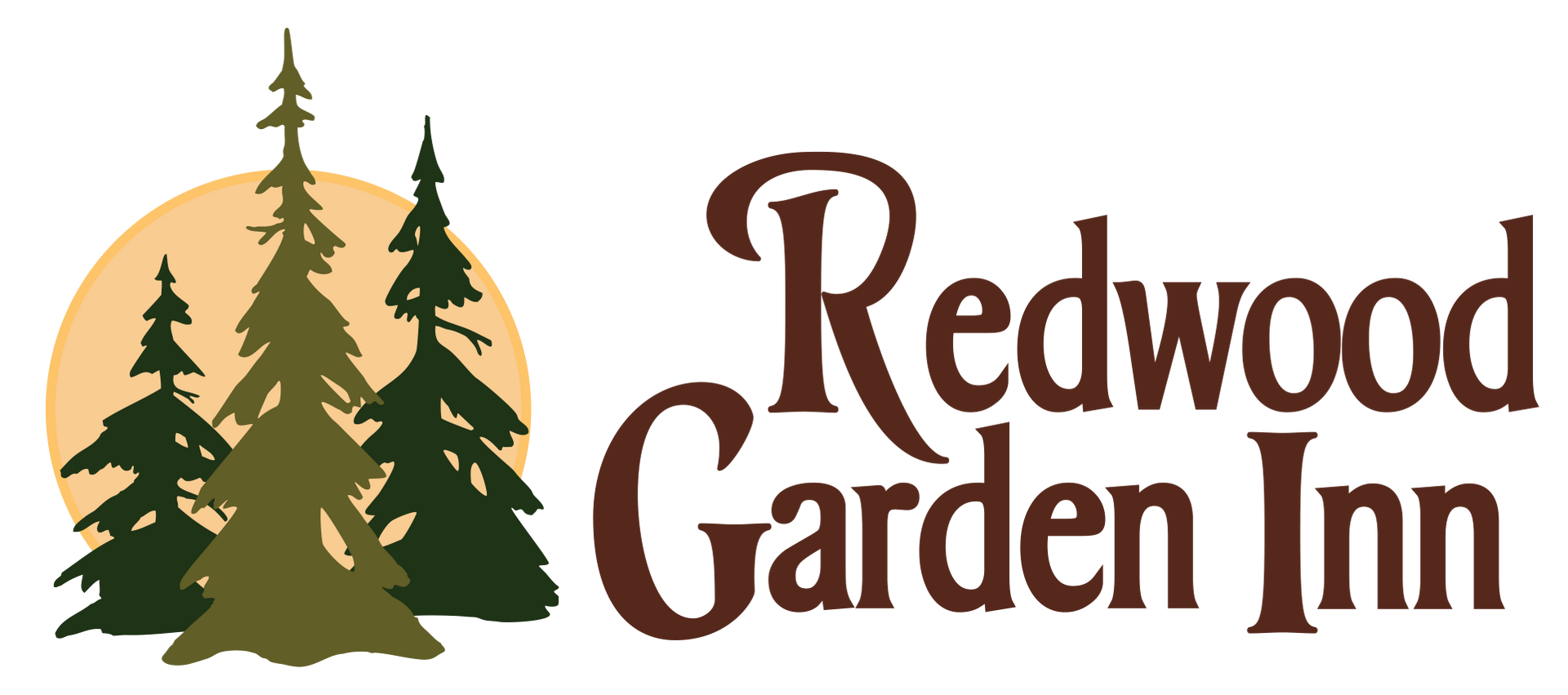 Redwood Garden Inn logo with trees and mountains in green and brown
