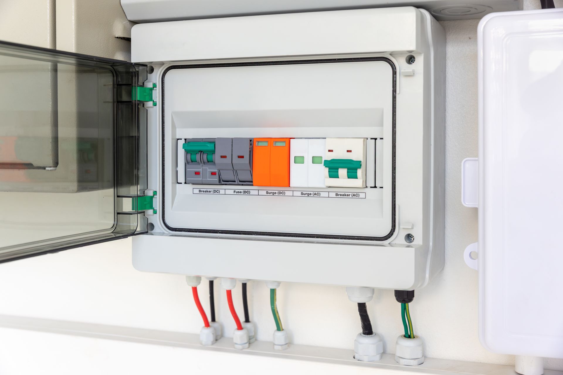 Open electrical control panel with circuit breakers and wiring in a white enclosure.