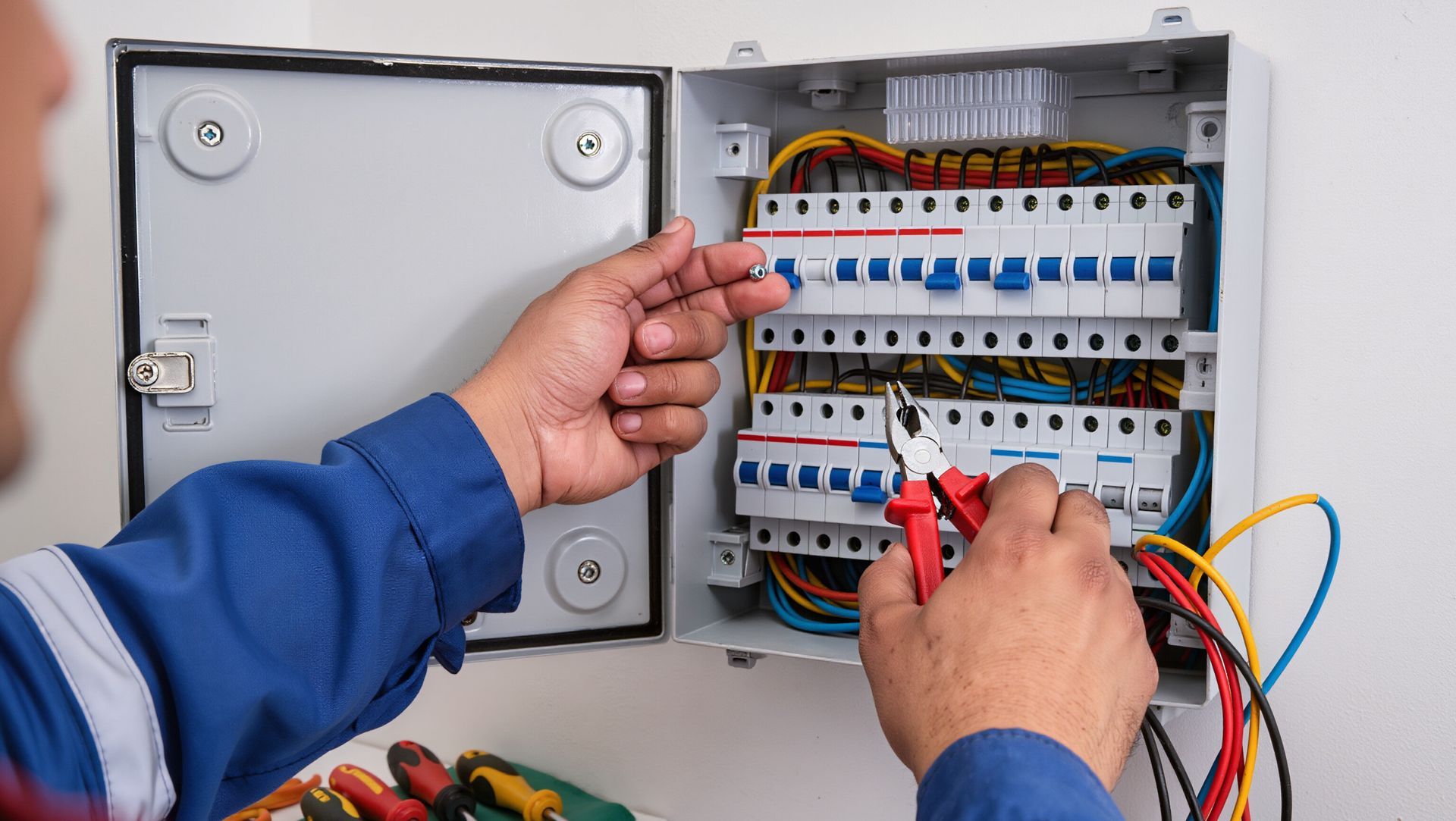Electrician wiring a breaker panel with tools in an open electrical cabinet
