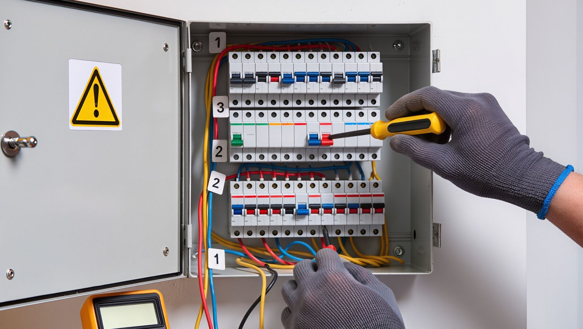 A person wearing work gloves uses a screwdriver to adjust switches inside an open electrical circuit breaker panel.
