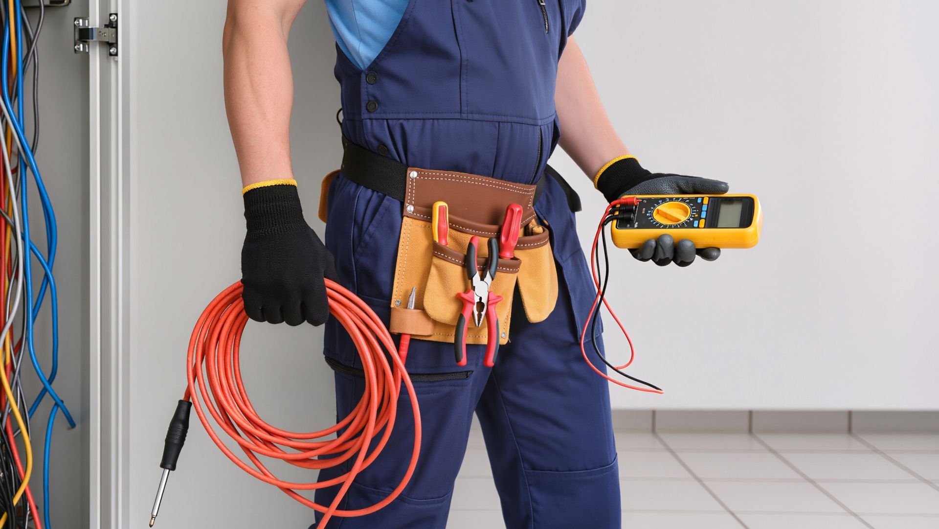 An electrician in blue coveralls with a tool belt, holding a coil of orange wire and a yellow digital multimeter.