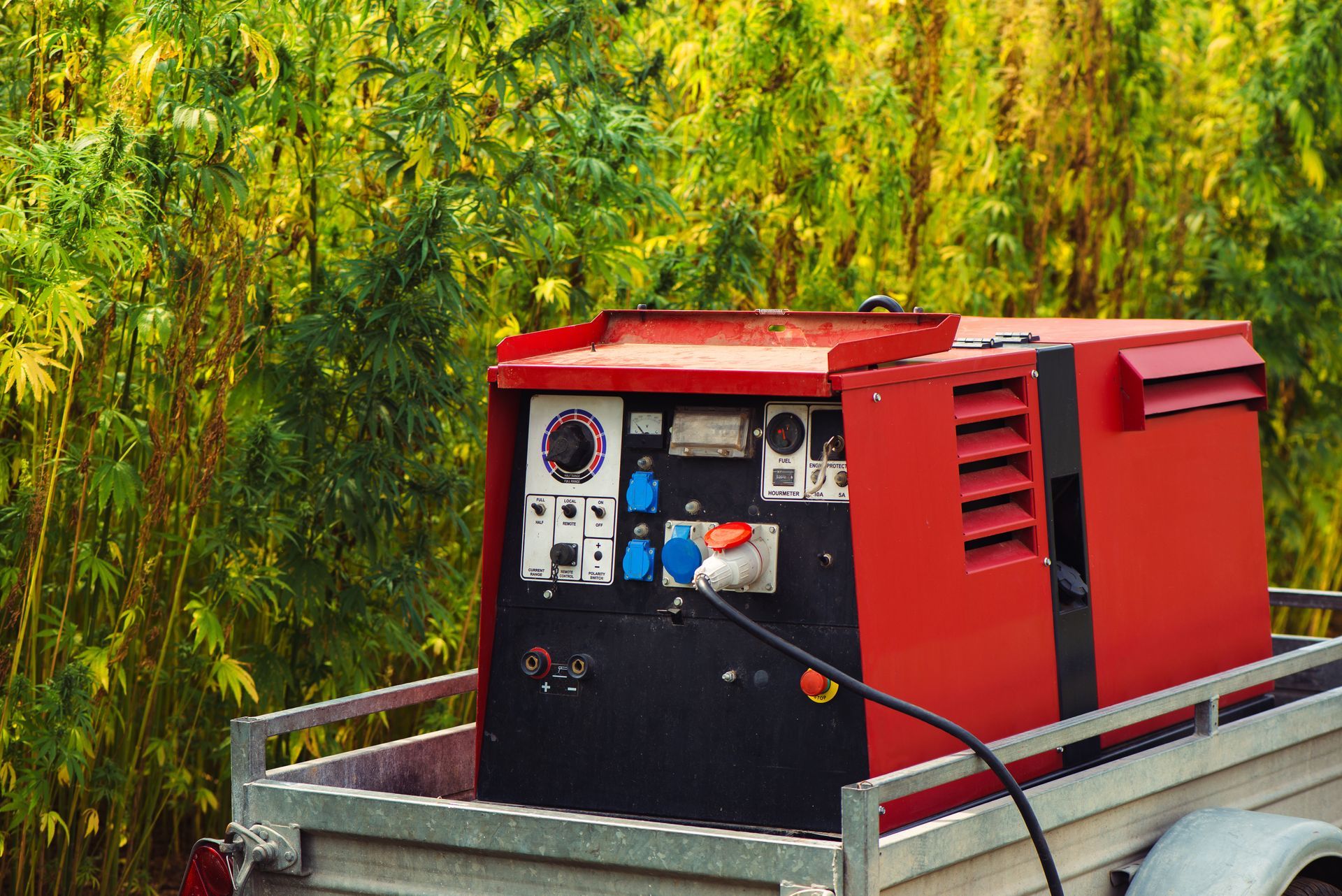 A red industrial generator sits on a metal trailer in front of a field of tall, green hemp plants.