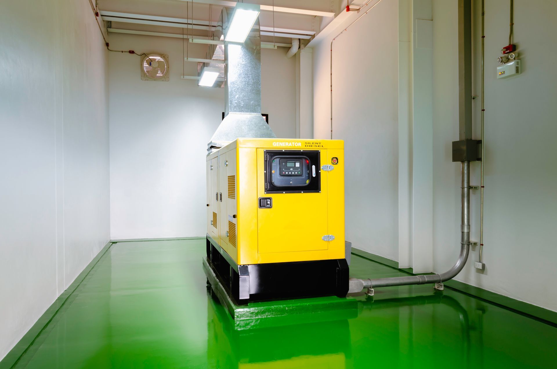 A yellow industrial generator sits in the center of a room with white walls and a glossy, reflective green floor.
