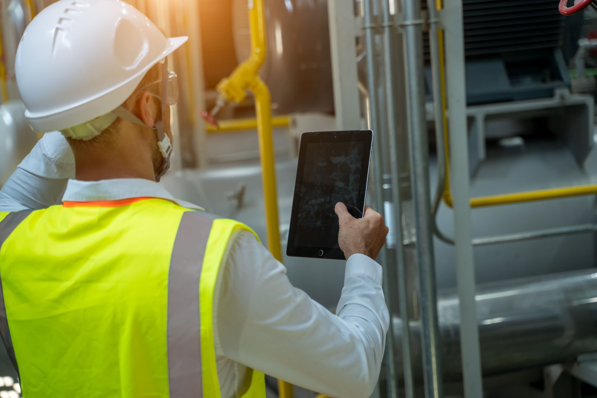 A person in a white hard hat and yellow safety vest holds a tablet while inspecting industrial machinery.