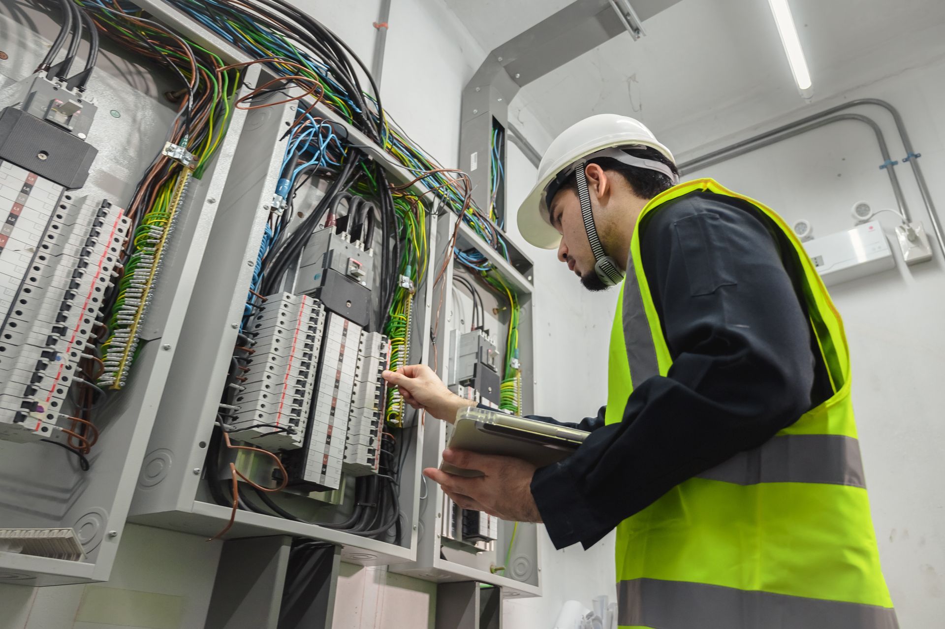 Technician in a hard hat and safety vest inspecting wiring in an electrical control cabinet