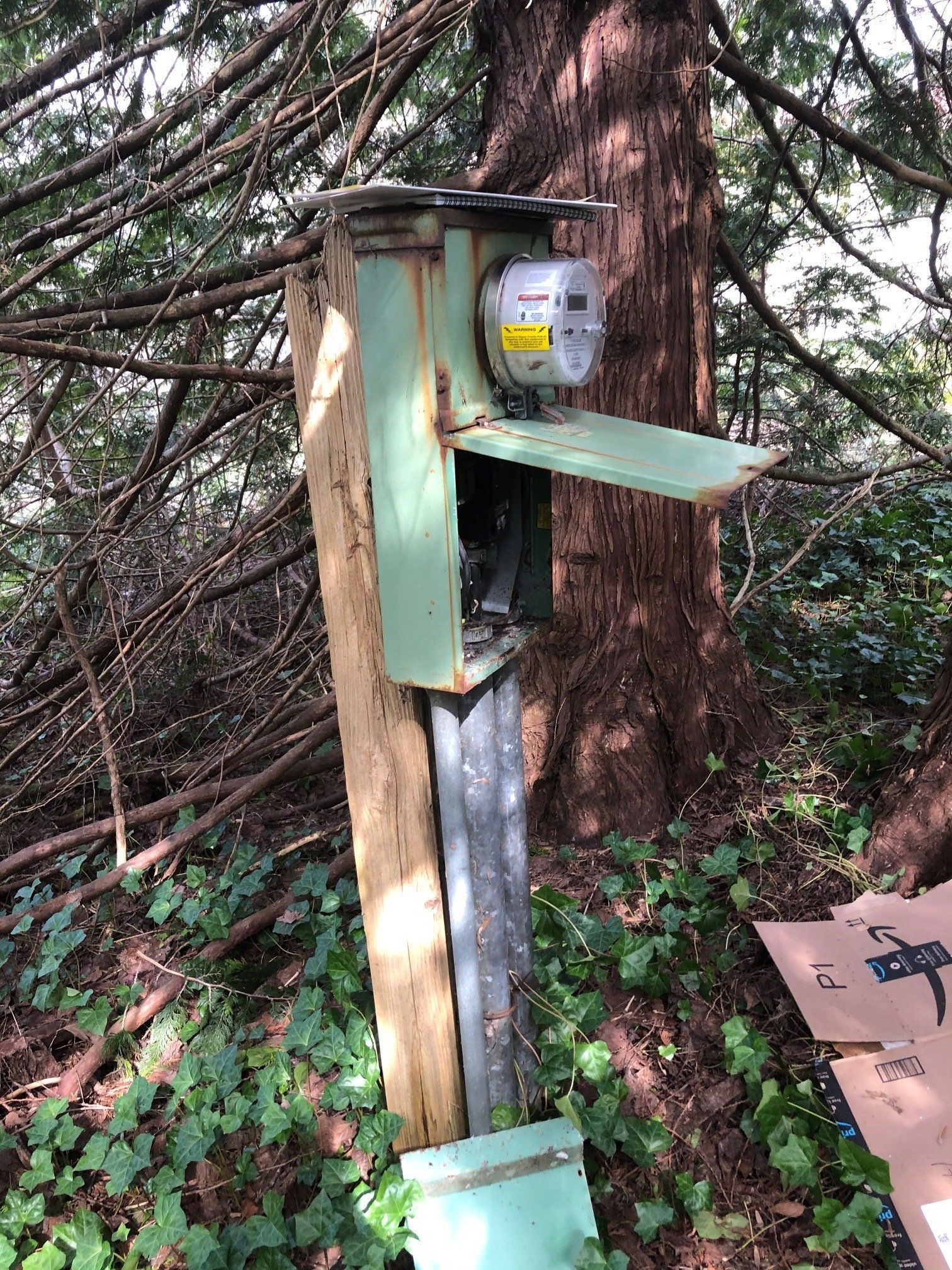 Outdoor metal bird feeder attached to a wooden post beside a tree in a wooded area