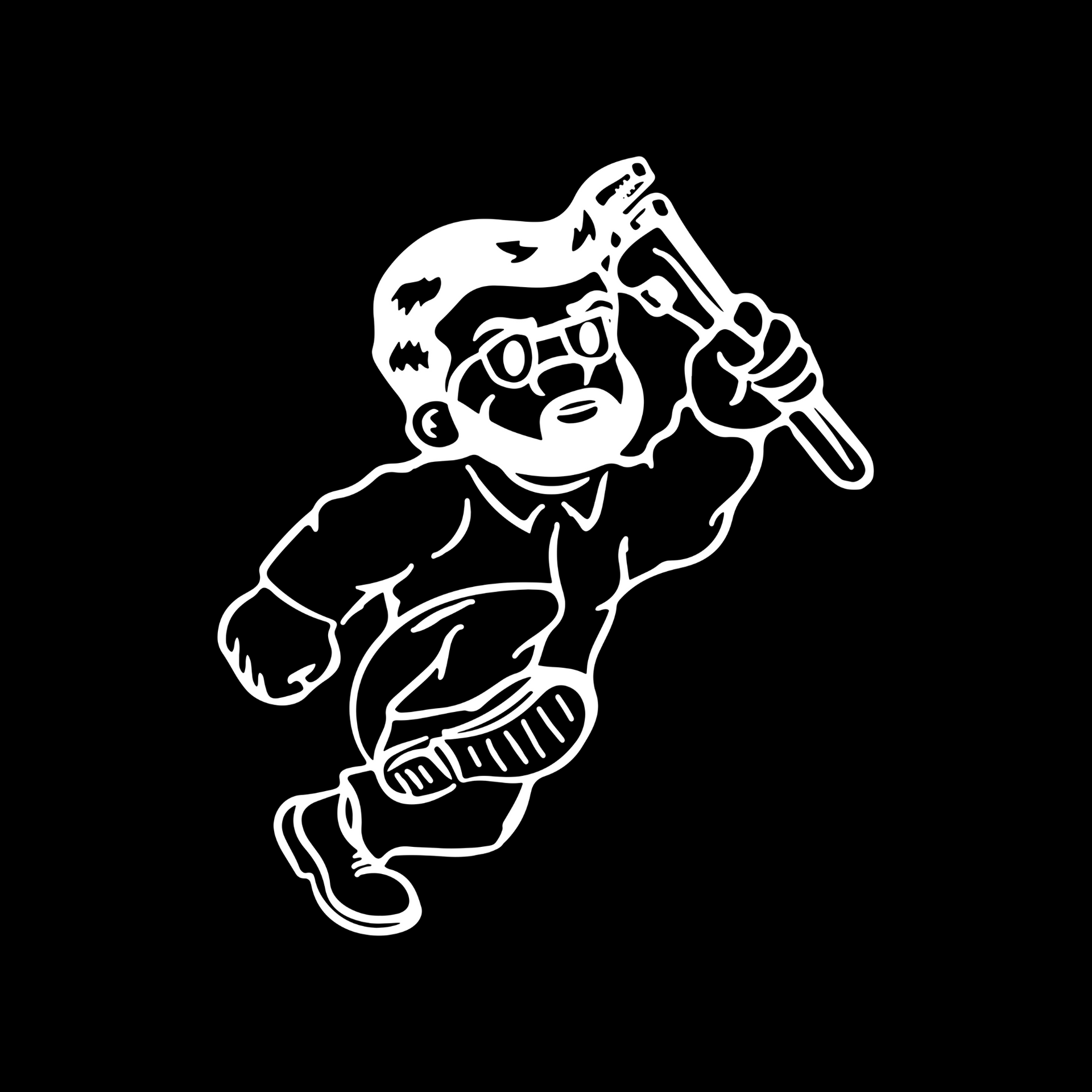 Cartoon person holding wrench, running. White outline on black background.