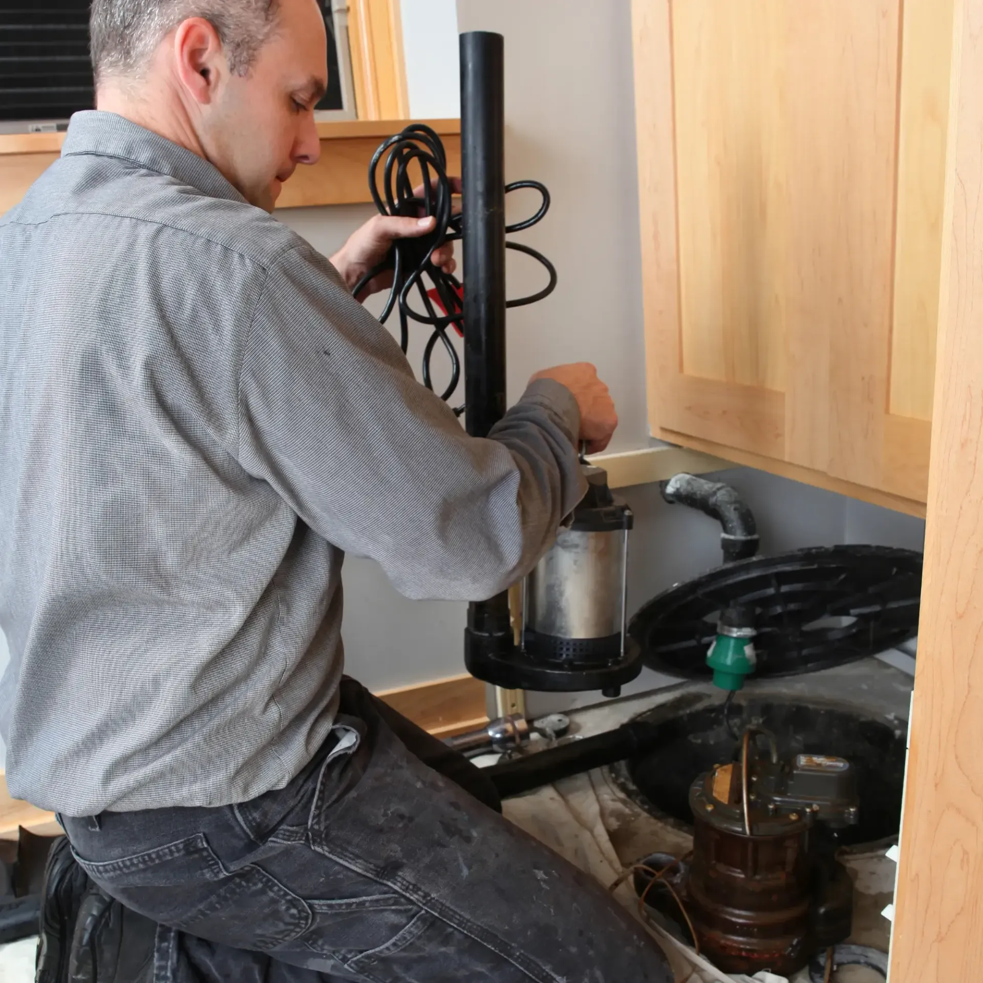 Man repairs a machine indoors, near cabinets. He holds a cord, working on a cylindrical device.