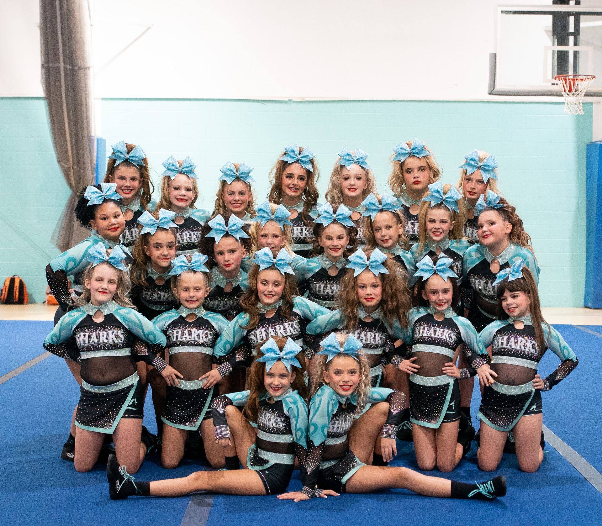 A group of cheerleaders from the florida elite sharks are posing for a picture.