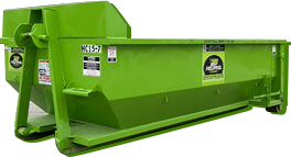 A large green dumpster is sitting on top of a white surface.