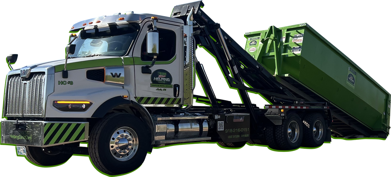 Helping Cans roll-off dumpster delivery truck in Jenks, OK