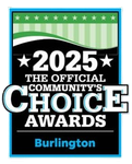 2025 Burlington Community's Choice Awards badge with teal, black, and white design