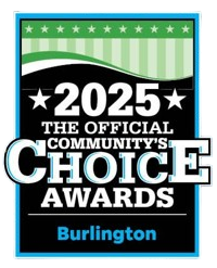 2025 Burlington Community's Choice Awards badge with teal, black, and white design