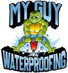 Cartoon frog mascot above the words &ldquo;My Guy Waterproofing&rdquo; in blue and black logo.