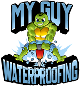 Cartoon frog mascot above the words &ldquo;My Guy Waterproofing&rdquo; in blue and black logo.