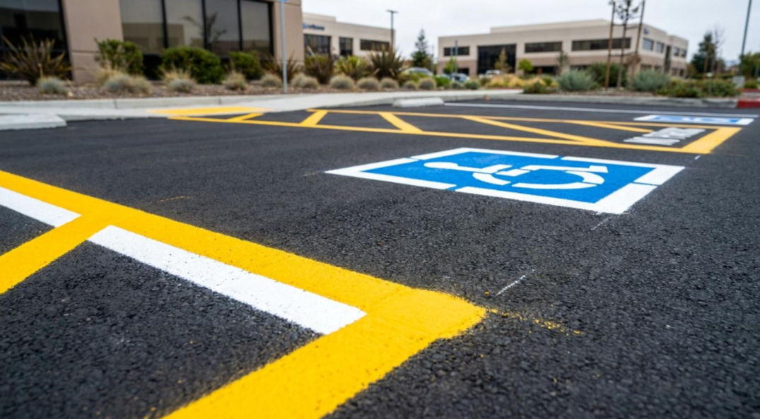 Accessible parking spaces marked on a blacktop lot with yellow lines and a blue handicap symbol.