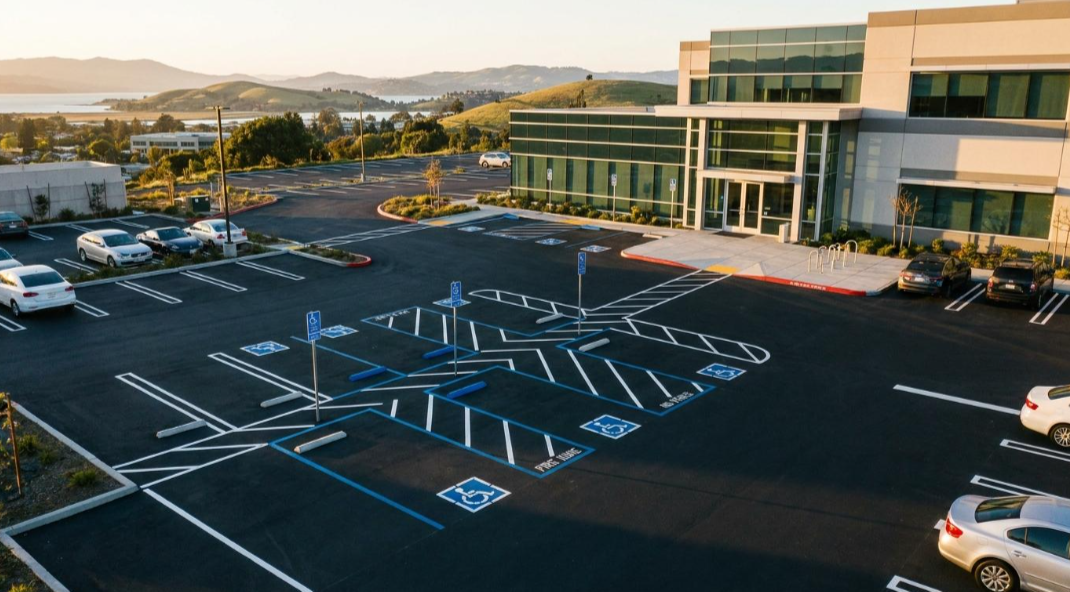 Accessible parking lot outside a modern building at sunset, with marked blue wheelchair spaces and a few cars parked nearby