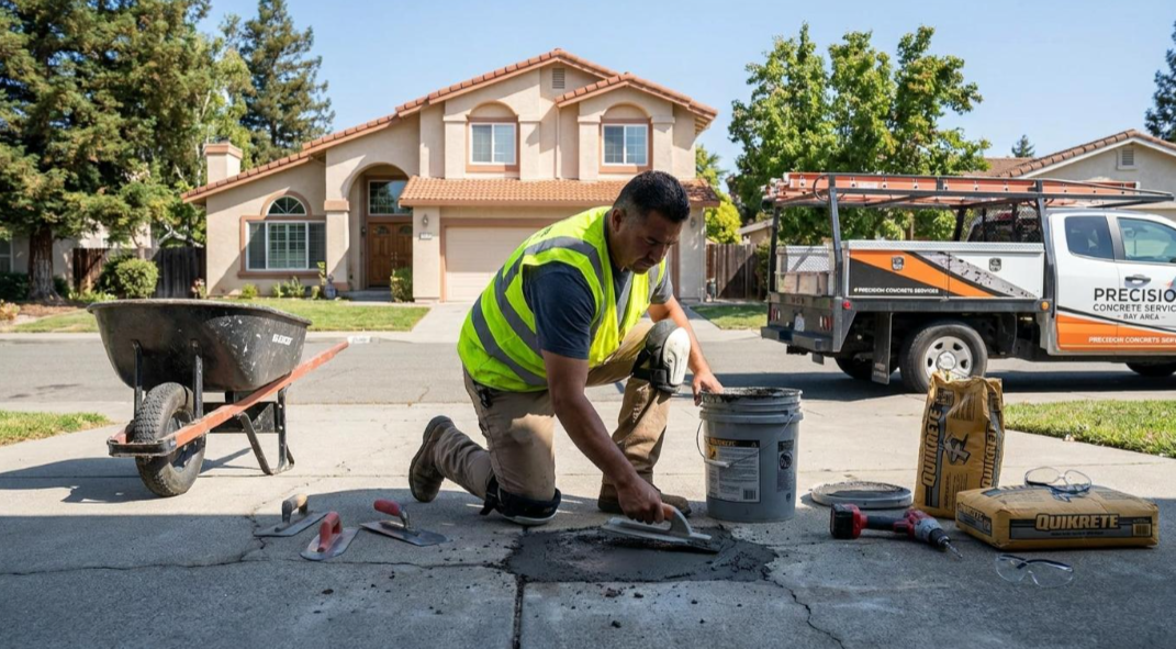 Worker in neon vest repairing a sidewalk in front of a house, with tools and wheelbarrow nearby