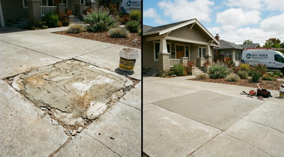 Before-and-after view of a repaired concrete driveway beside a house and garden.
