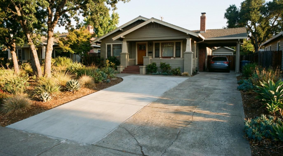 Single-story house with a long driveway, front porch, and carport surrounded by trees and landscaping