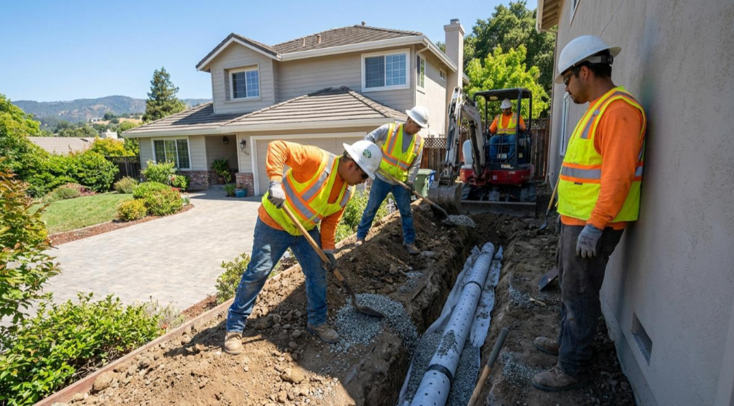 Utility workers in orange vests dig a trench beside a house, laying underground pipes