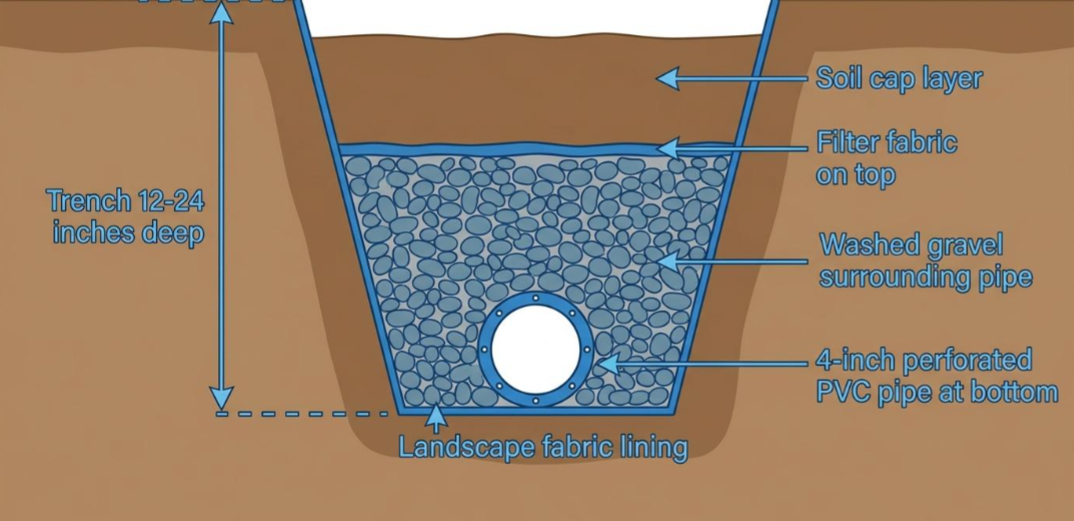 Cross-section of a gravel-filled drainage pit with labeled layers and a white perforated pipe at the bottom